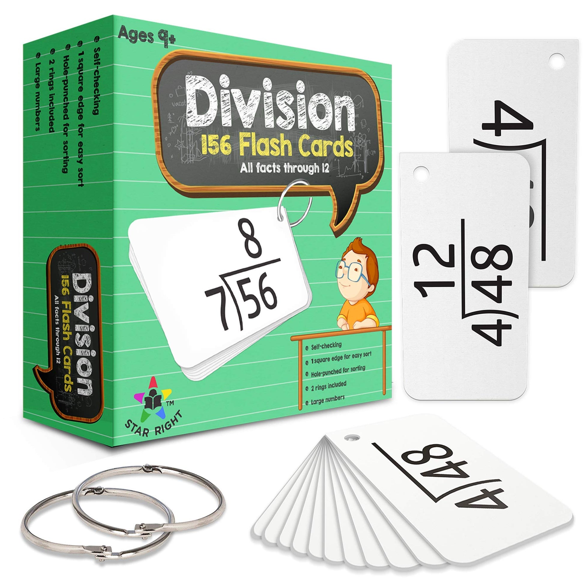 Star Right Math Flash Cards - Division Flash Cards - 156 Hole Punched Math Game Card - 2 Binder Rings - for Ages 8 and Up - 3rd, 4th, 5th and 6th