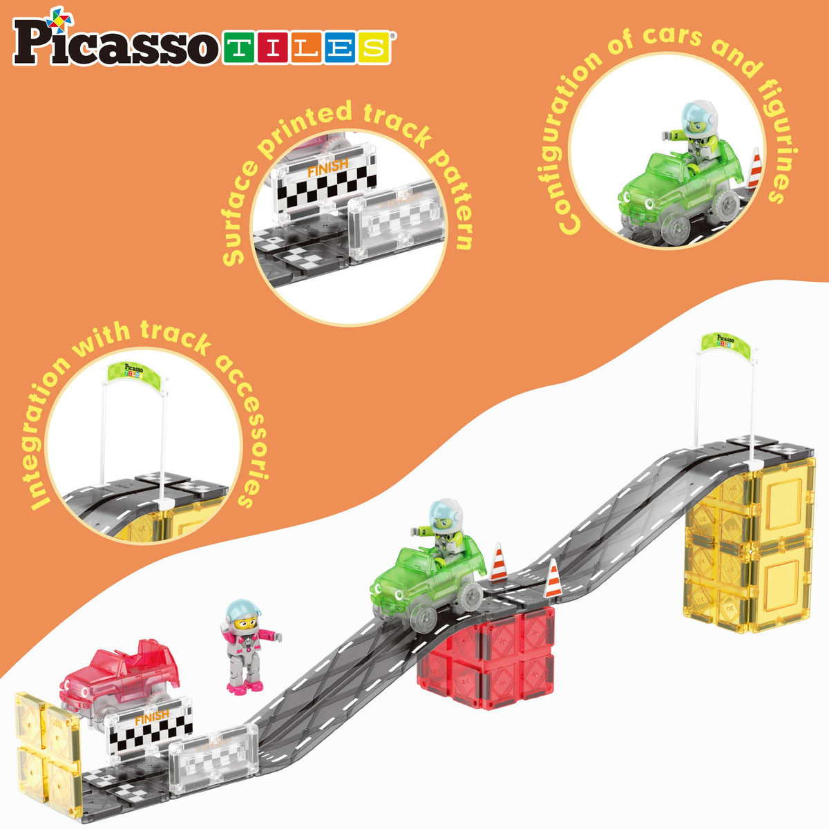 PicassoTiles Magnet Tile Race Car Track Construction Building Block Toy Kit with Character Action Figures and Racing Cars Magnetic Tiles STEM