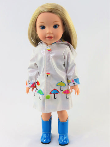 American Fashion World White Raincoat with Electric Blue Rain Boots for 14-Inch Dolls | Premium Quality & Trendy Design