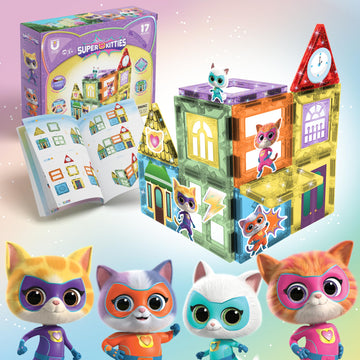 Tytan Official Disney Junior SuperKitties Magnetic Tile Set - 17-Piece STEAM Building Toy with Glitter & Printed Tiles, Reusable Stickers, Storage Bag