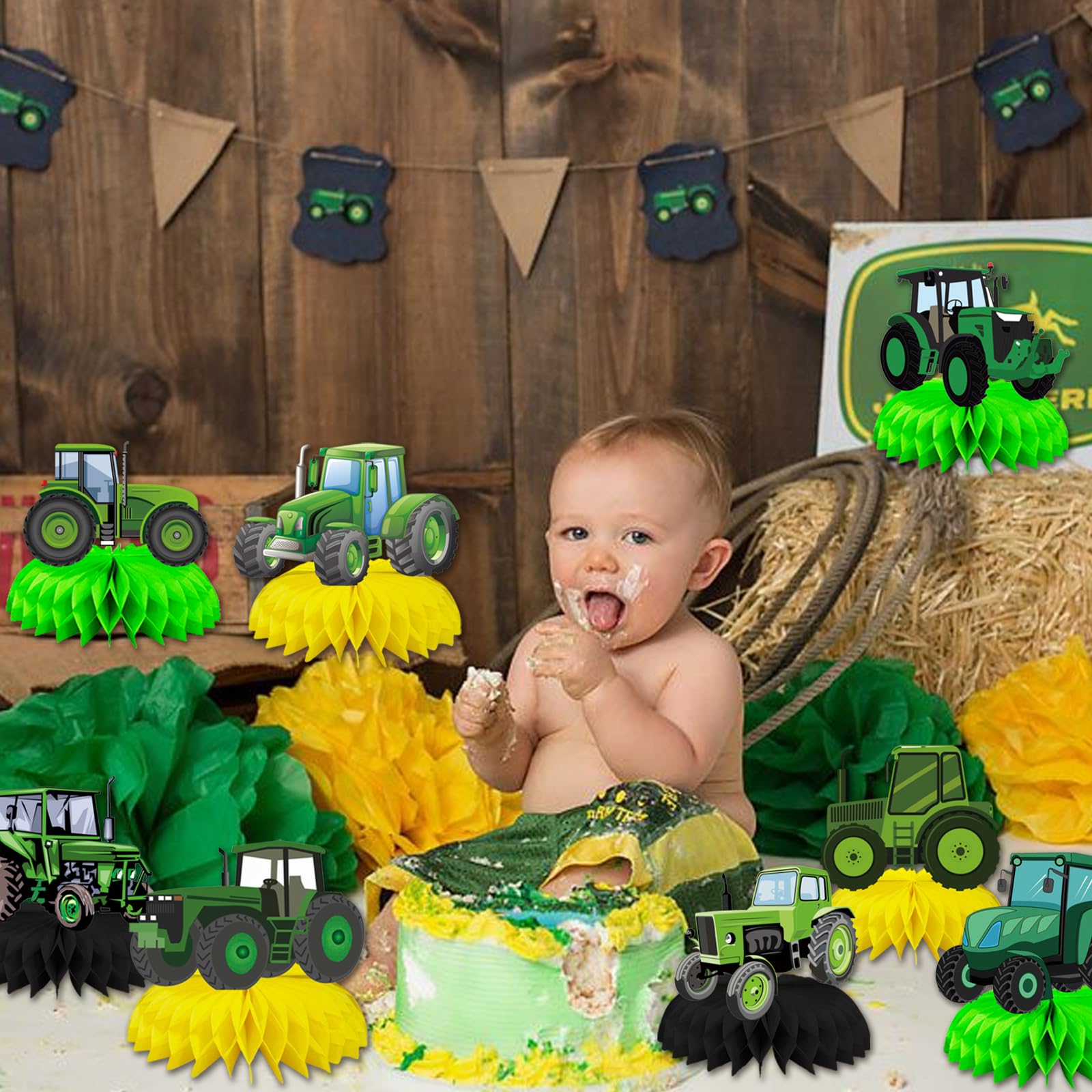 8 Pcs Farm Green Tractor Party Decoration, Farm Tractor Theme Honeycomb Centerpieces 3D Double Sided Table Decorations, Photo Booth Props for Kids