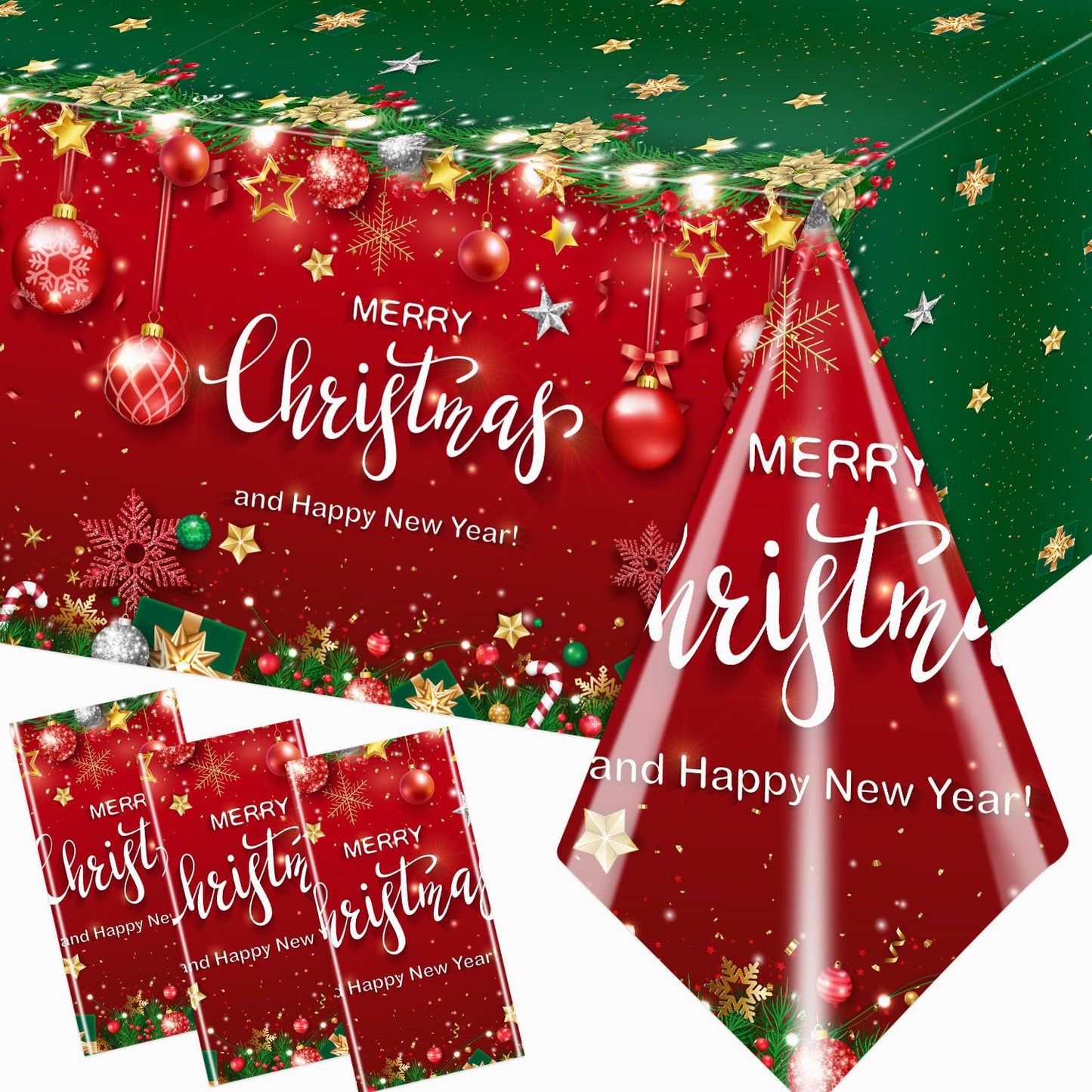 Christmas Plastic Tablecloth, 3Pcs Red and Green Merry Christmas Table Cover, Xmas Tree Tablecloth for Winter Holiday Christmas Party Supplies