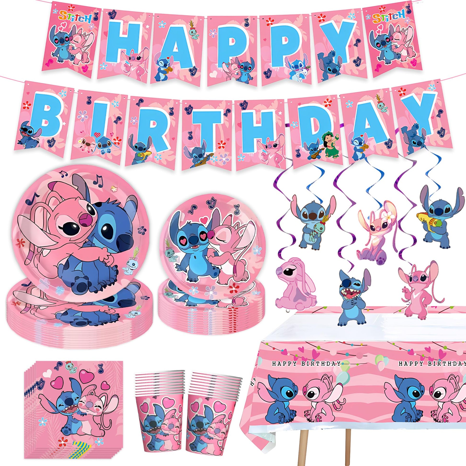 Stitch Party Supplies, Birthday Party Decorations Set Includes Banner, Plates, Napkins, Cups, Hanging Swirls, Tablecloth for Boys Girls Stitch Angel