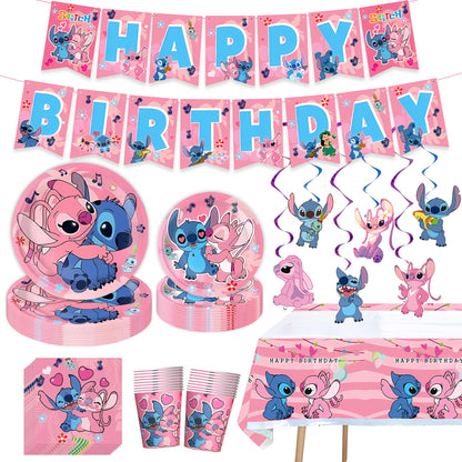 Stitch Party Supplies, Birthday Party Decorations Set Includes Banner, Plates, Napkins, Cups, Hanging Swirls, Tablecloth for Boys Girls Stitch Angel