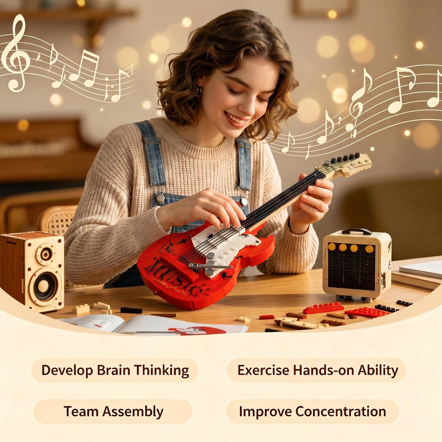 HJPLPXH Rock Guitar Interactive Building Block Set, Creative Construction Model Toy with Display Stand, DIY Collectible for Home Decor, for Adults