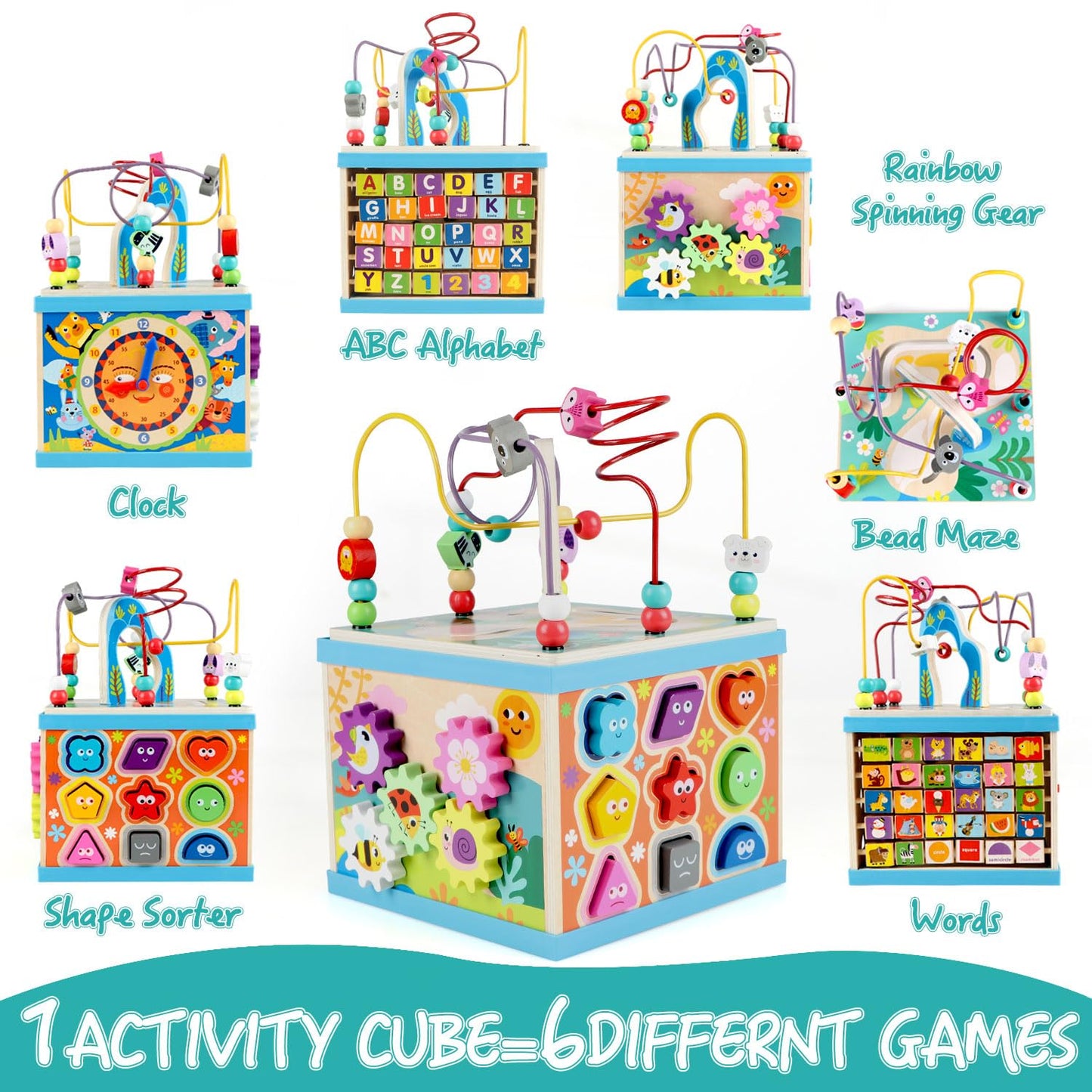 Qilay Wooden Activity Cube for Toddlers, 5 in 1 Multipurpose Abacus Early Educational Montessori Toys, Learning Toys for Kids | Bead Maze, Great