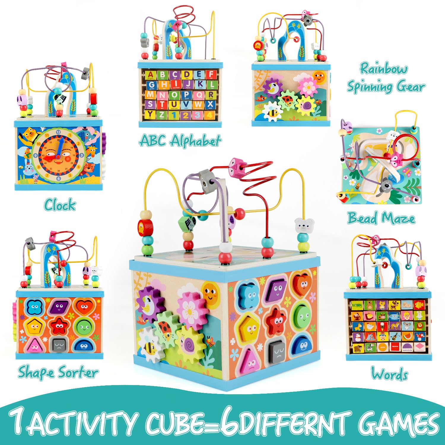 Qilay Wooden Activity Cube for Toddlers, 5 in 1 Multipurpose Abacus Early Educational Montessori Toys, Learning Toys for Kids | Bead Maze, Great