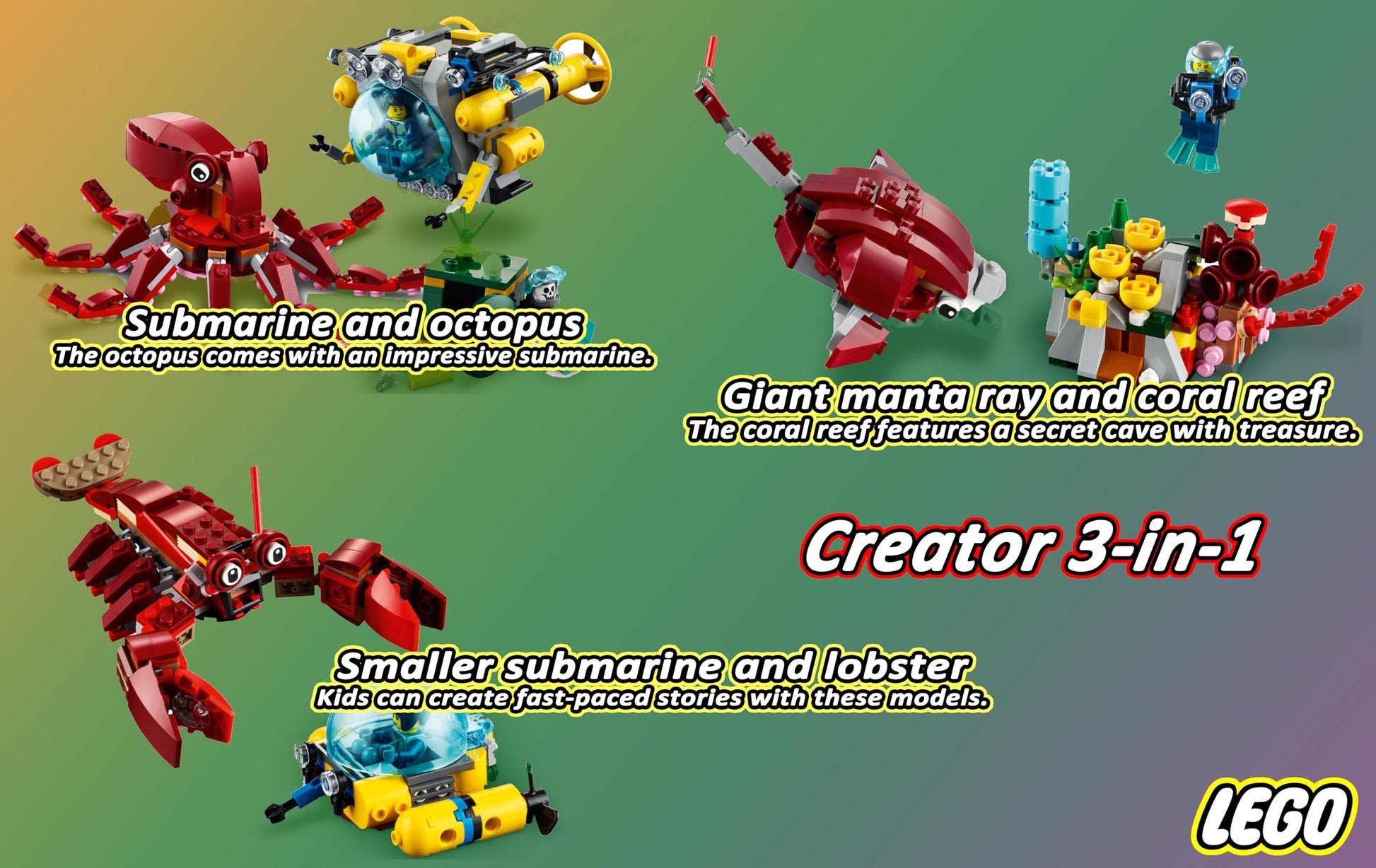 LEGO Creator 31130 Sunken Treasure Mission Submarine 3 in 1 Toy 8+ (522 Pieces)