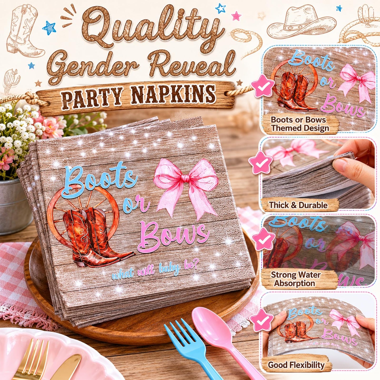 HrEtngiz 175PCS Boots or Bows Gender Reveal Party Decorations - Includes Paper Plates, Cups, Napkins, Spoons, Forks, and Knives, Western Theme Gender