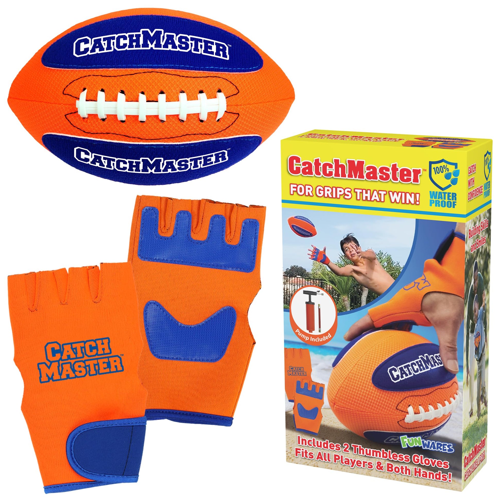 Funwares CatchMaster Water Football Set, Hook & Loop Ball, 2 Gloves & Pump