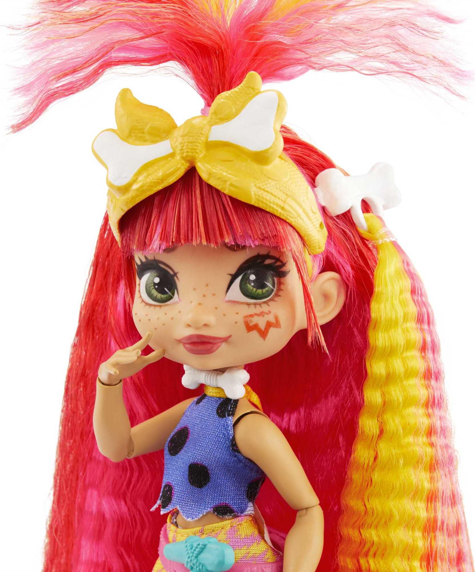 Mattel Cave Club Emberly Doll (8-10-inch, Pink Hair) Poseable Prehistoric Fashion Doll with Dinosaur Pet and Accessories, Gift for 4 Year Olds and Up