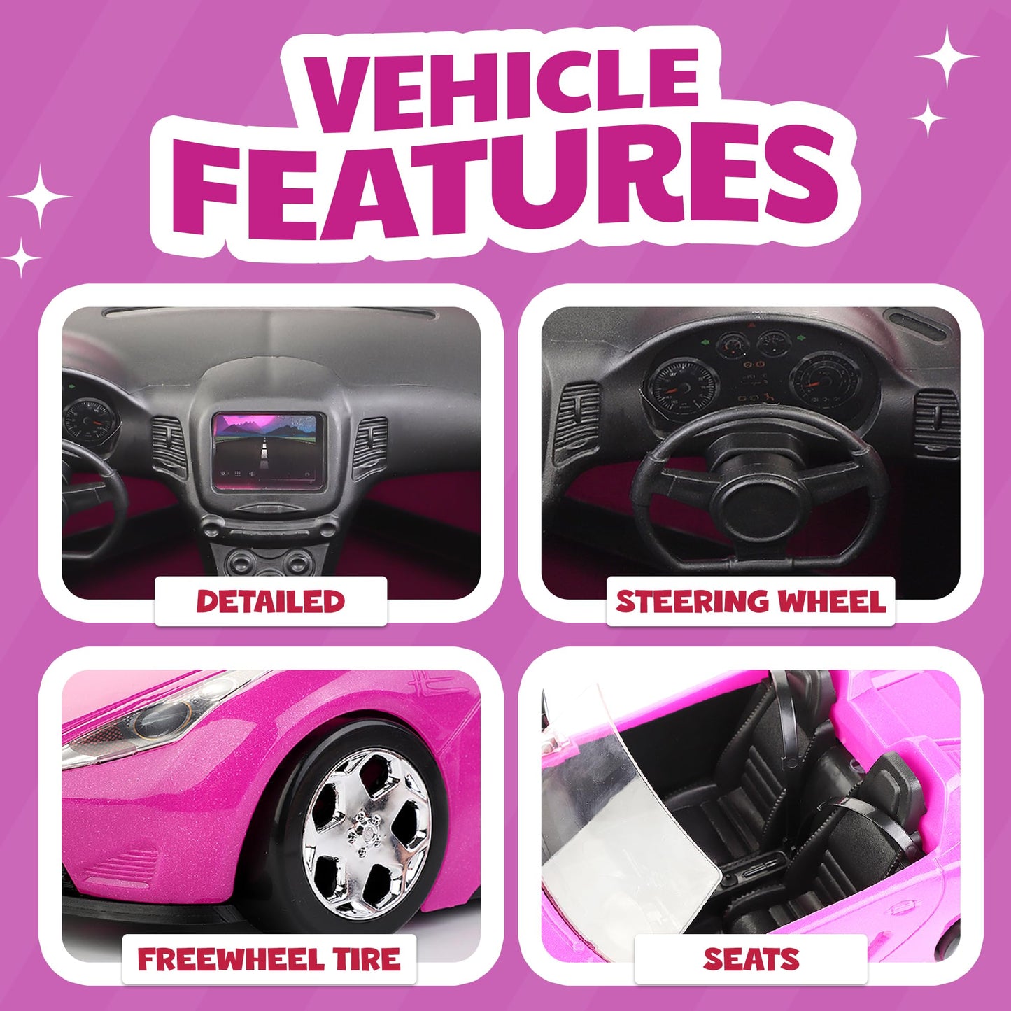 Liberty Imports Doll-Sized Convertible Car for Dolls - 2-Seater Pink Vehicle with Rolling Wheels, Seat Belts w/ Two 11.5" Dolls Included