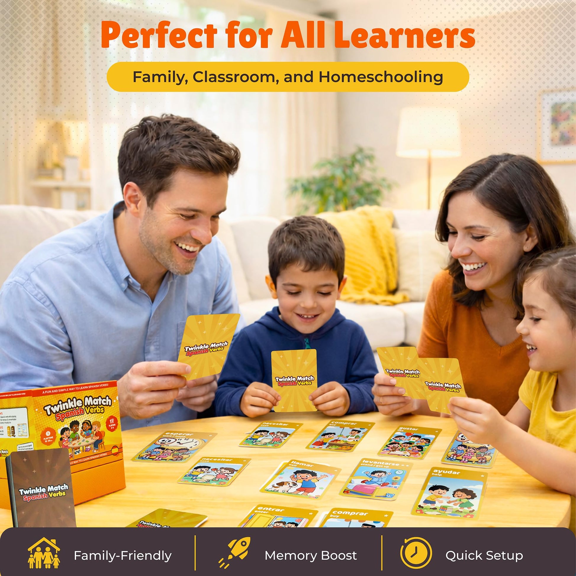 Spedemy Twinkle Match Spanish Card Game - 100 Vocabulary Matching Cards, Bilingual Games, Spanish Board Game for Kids, Beginners, Families, Homeschool