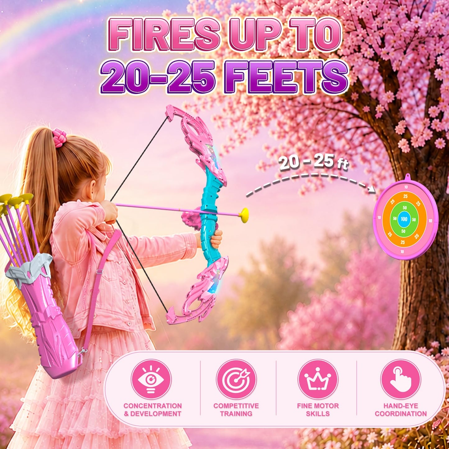 Innofans Unicorn Toys for Girls Age 4-6, Bow and Arrow Set LED Light Up with 10 Pink Suction Cup Arrows, Target & Quivers, Christmas Birthday Gift