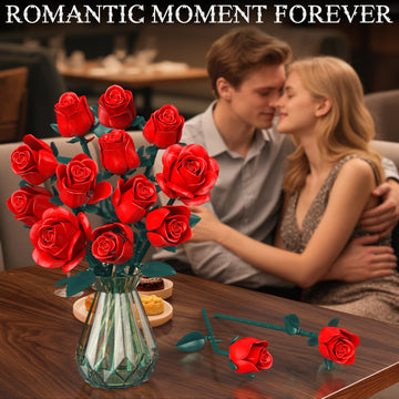 Red Roses Flower Bouquet Building Set, Artificial Flowers Botanical Collection Kit for Adults Women & Men - Gift for Mothers Day, Home Room Office