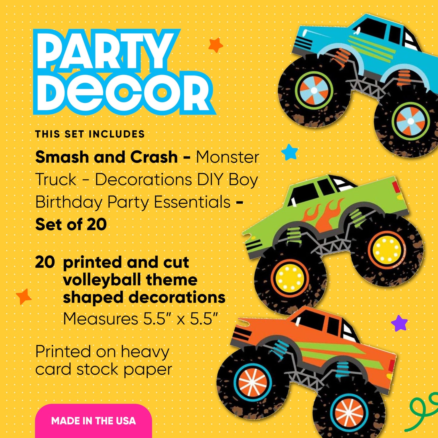 Big Dot of Happiness Smash and Crash - Monster Truck - Decorations DIY Boy Birthday Party Essentials - Set of 20
