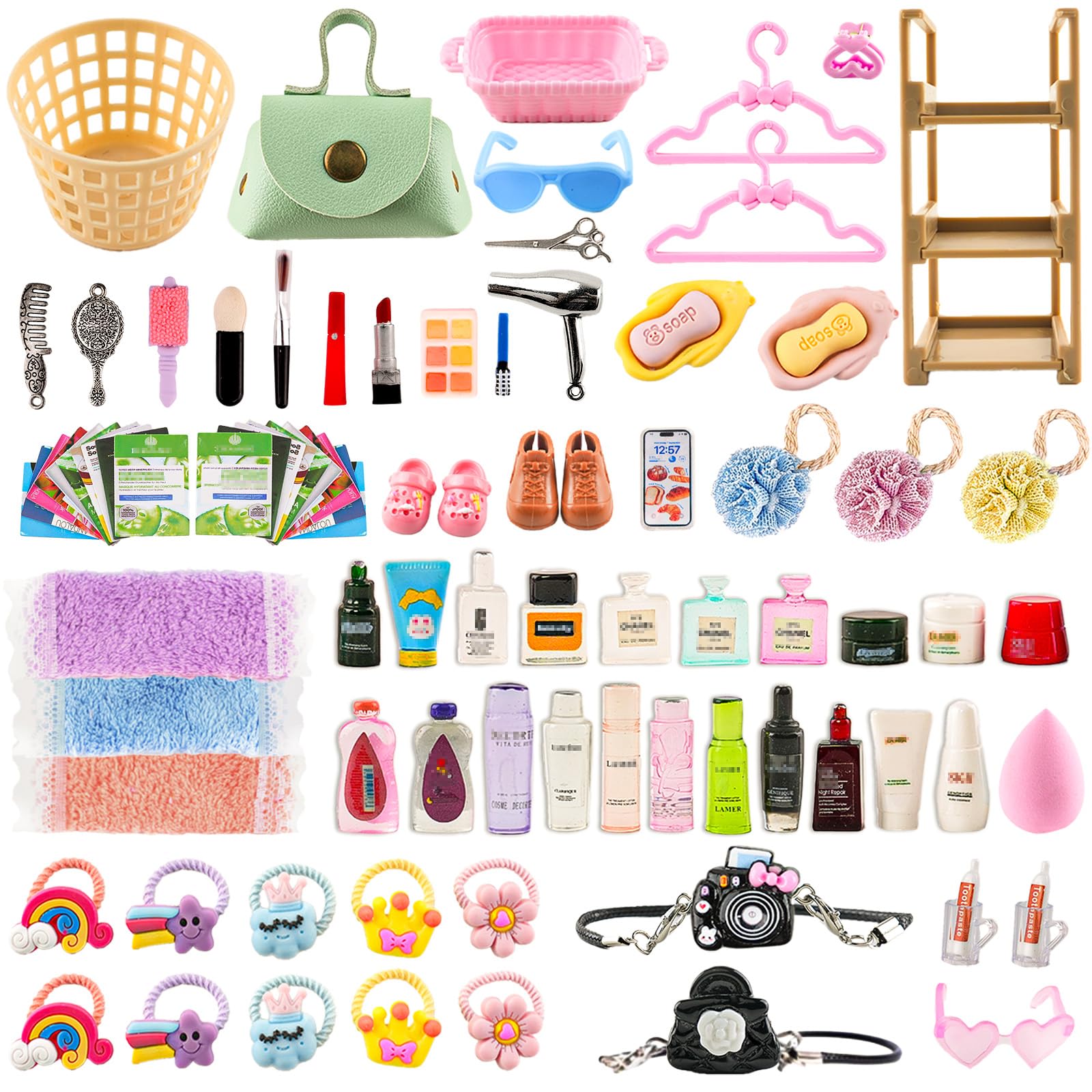 93 PCS Miniature Dollhouse Accessories Dollhouse Bathroom and Makeup Set with Towel Toothbrush Shampoo Toiletries Mini Perfume Shoes Backpack for Girl
