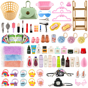 93 PCS Miniature Dollhouse Accessories Dollhouse Bathroom and Makeup Set with Towel Toothbrush Shampoo Toiletries Mini Perfume Shoes Backpack for Girl