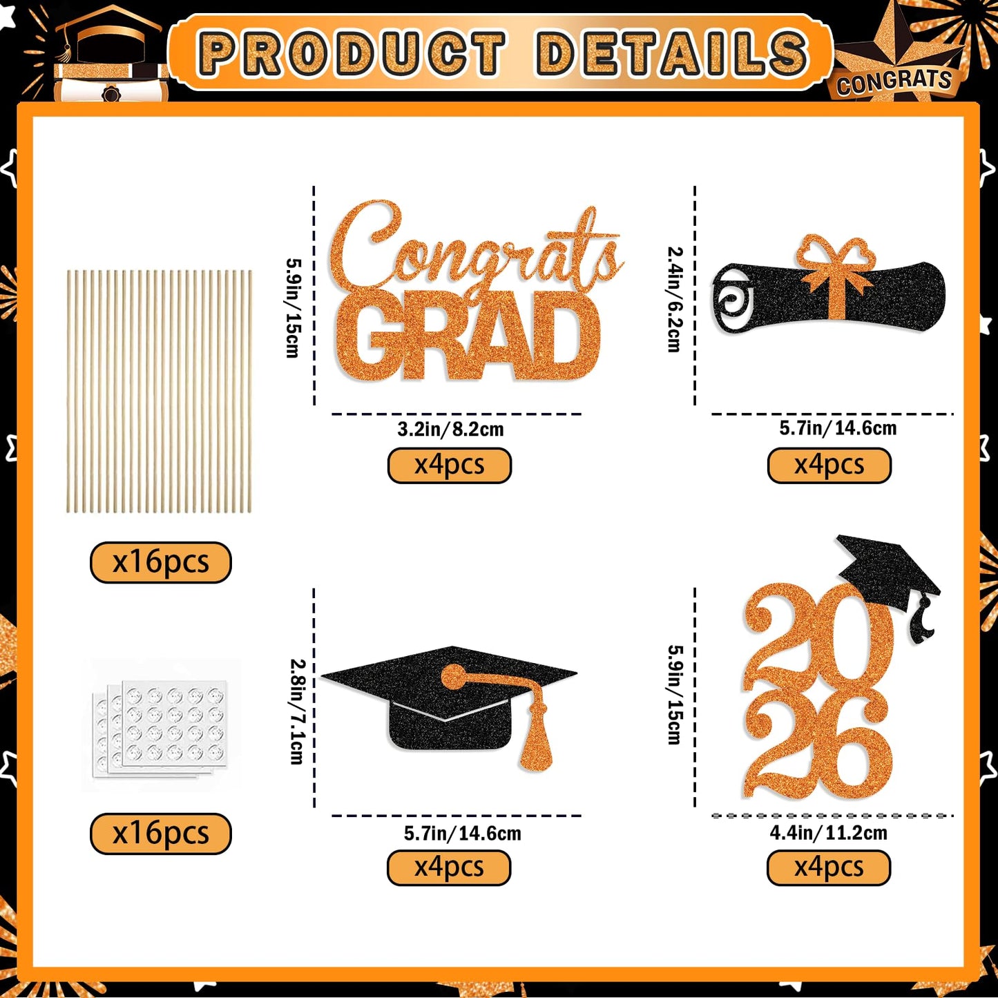 Orange Black Graduation Centerpieces for Tables 2026 Graduation Decorations Class of 2026 Graduation Table Decorations Graduation Party Centerpieces