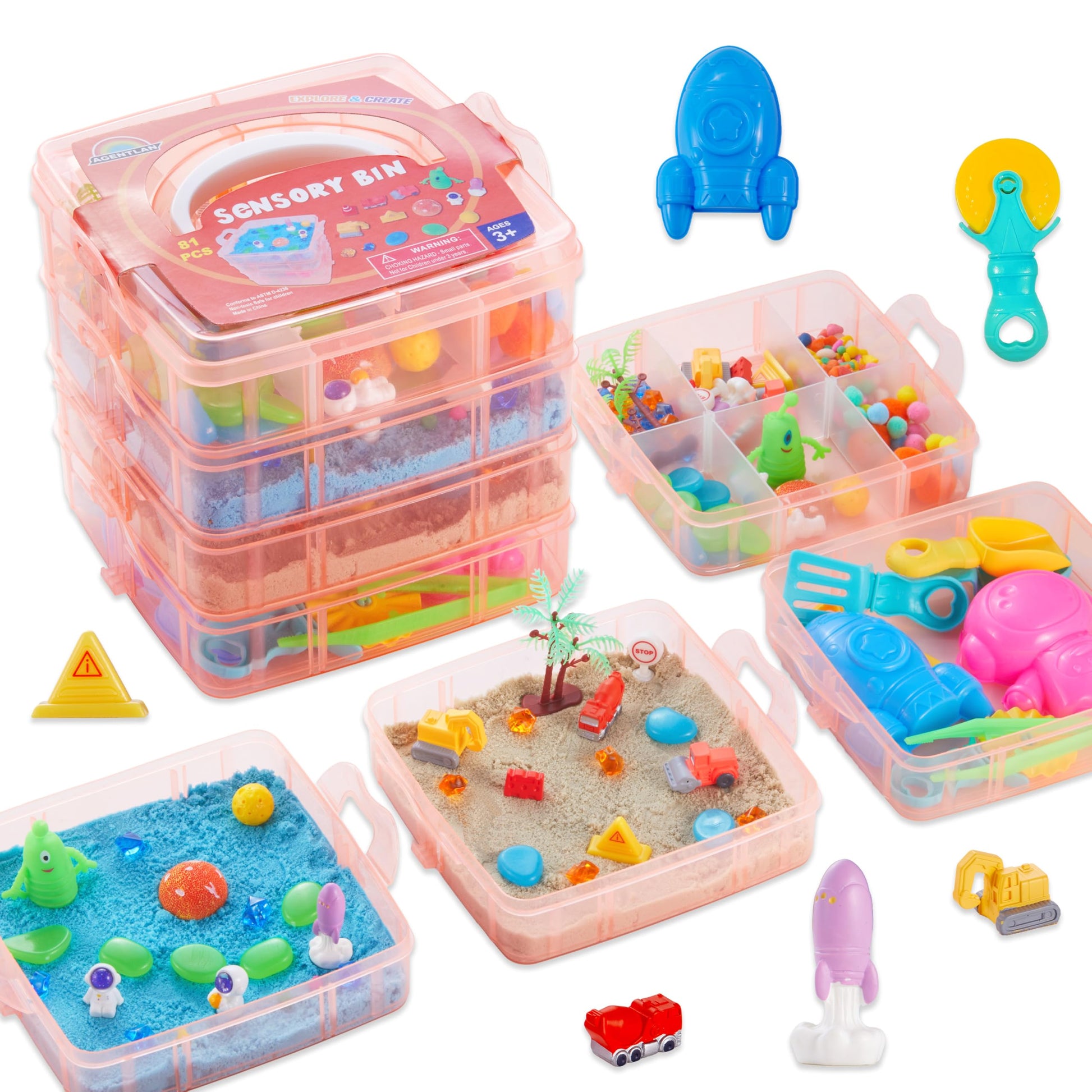 AGENTLAN Stackable Sensory Bin, Construction & Space Sensory Sand Play Set