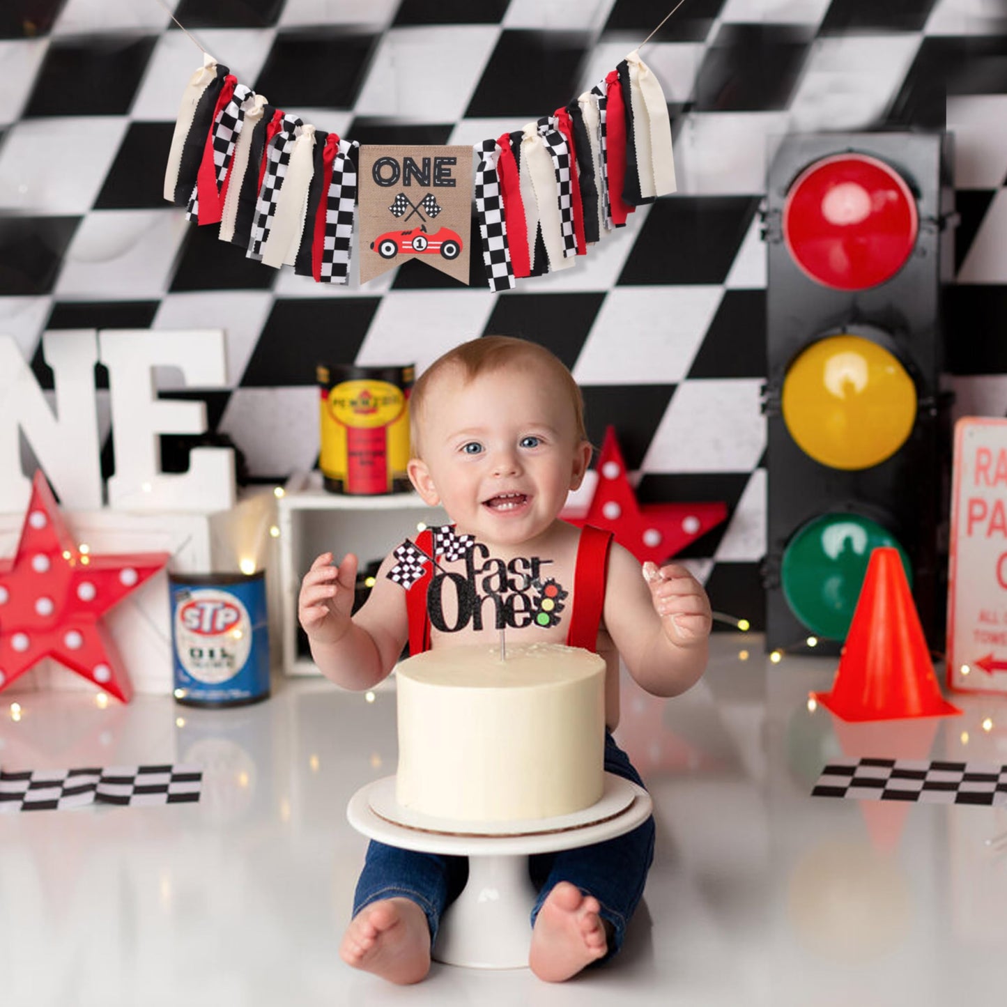 Race Car One High Chair Banner - Race Car 1st/First Birthday Party Decorations,Boy First Race Car Banner,Car Racing One Birthday Highchair,Race Car