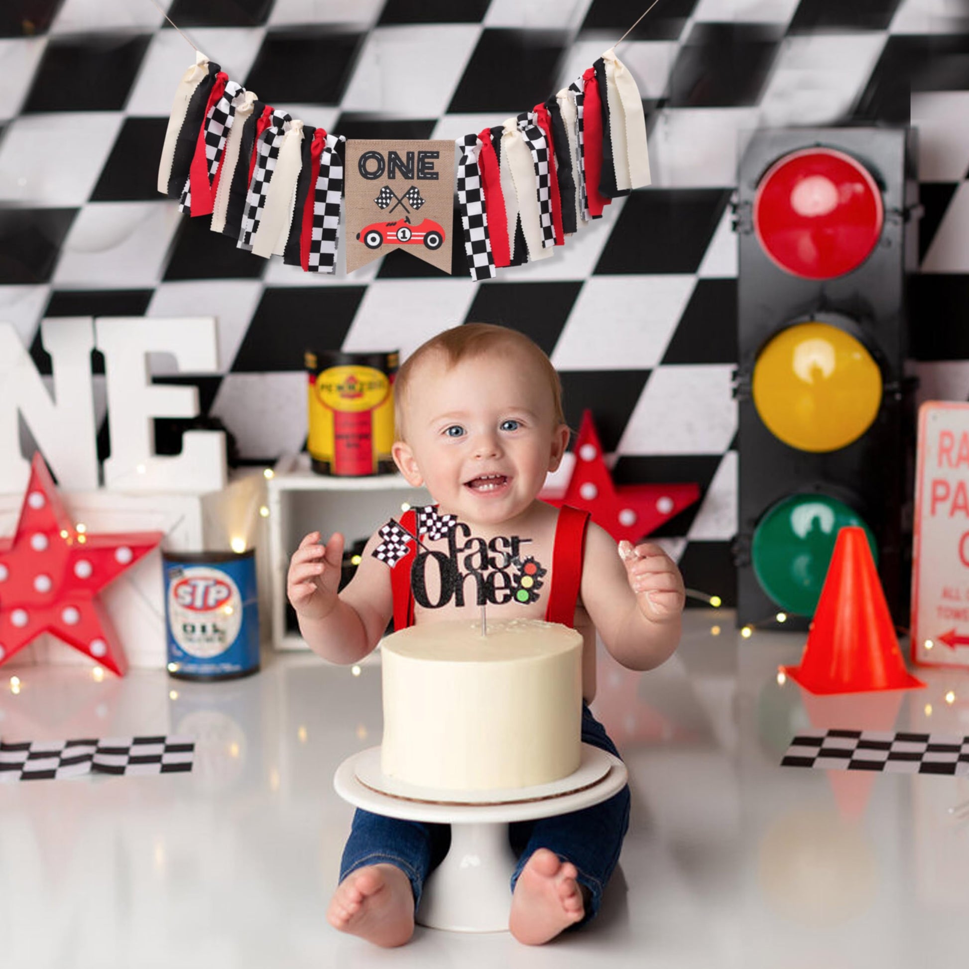 Race Car One High Chair Banner - Race Car 1st/First Birthday Party Decorations,Boy First Race Car Banner,Car Racing One Birthday Highchair,Race Car
