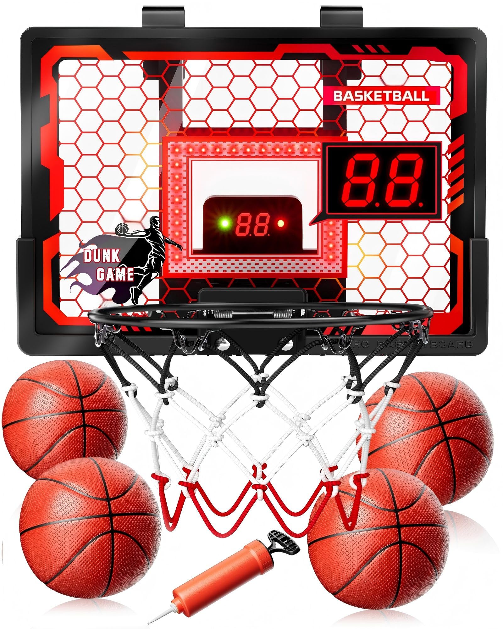 Indoor Basketball Hoop Pro for Kids, Over The Door Basketball Hoop with LED Light/Scoreboard/4 Balls- Upgraded Anti-Impact Backboard, Basketball Toys
