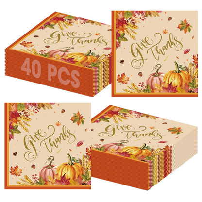 40 Pcs Thanksgiving Napkins 13 x 13 Inches - Fall Give Thanks Napkin, 3-Ply Pumpkin Maple Leaf Cocktail Disposable Paper Napkins Tableware Set