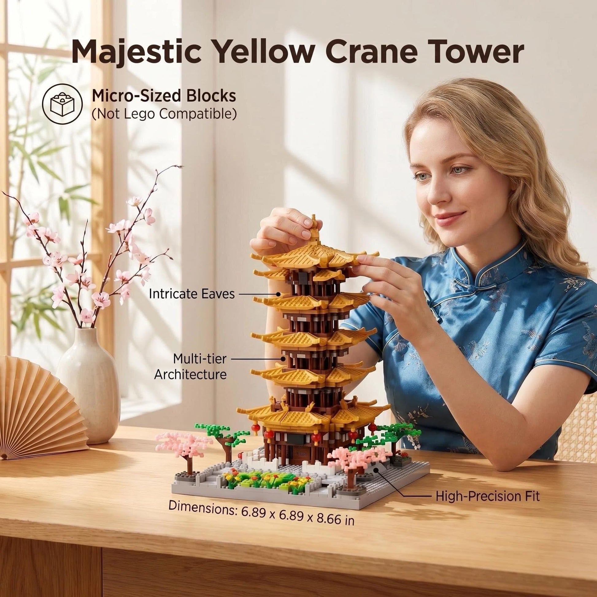 JXRLMB Chinese Ancient Famous Architecture Micro Building Blocks Set for Adults Yellow Crane Tower with Sakura Tree Cherry Plants, Toys for Kids Age