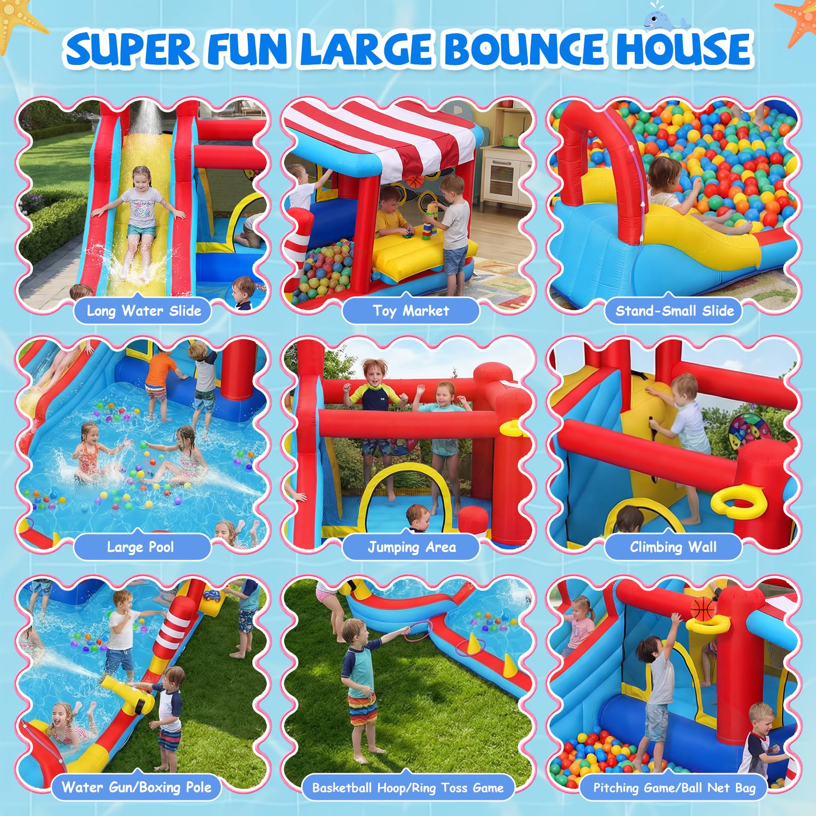Inflatable Water Slides, 18-in-1 Bounce House Water Park with Long Slide, Basketball Hoop, Splash Pool&Sunshade, Outdoor Water Play Center for Ages
