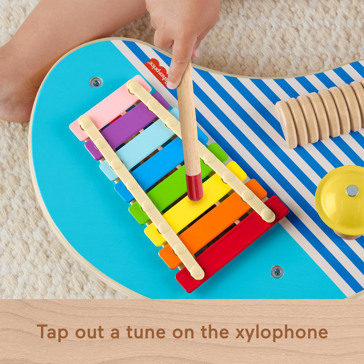 Fisher-Price Wood Toddler Toy Musical Table, 3-Piece Wooden Percussion Instrument for Developmental Play Kids Ages 2+ Years