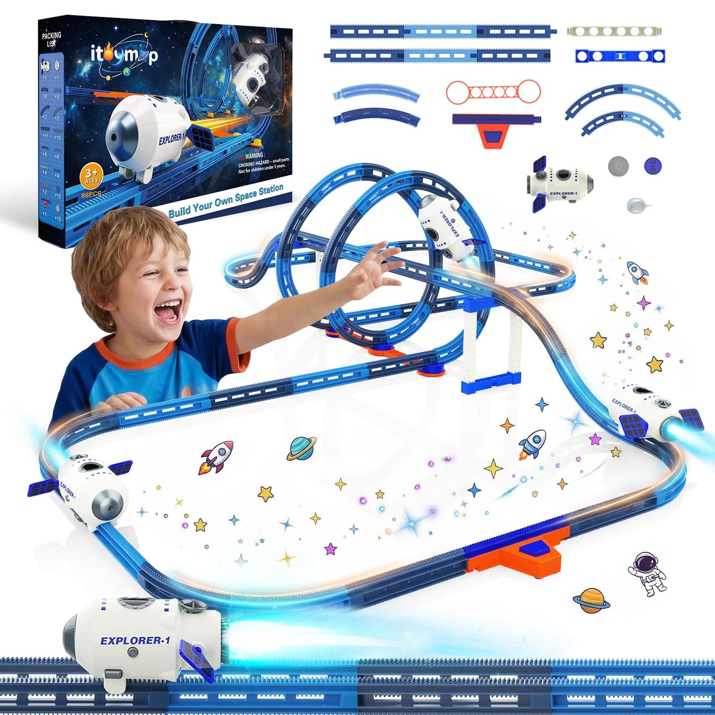 Electric Space Rocket Car Track Set with Mist Spray & Blue Lights - 86 PCS DIY STEM Building Race Track Toy with Suction Cups, Birthday Gift for Boys