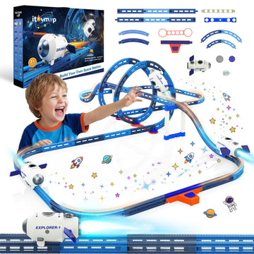 Electric Space Rocket Car Track Set with Mist Spray & Blue Lights - 86 PCS DIY STEM Building Race Track Toy with Suction Cups, Birthday Gift for Boys