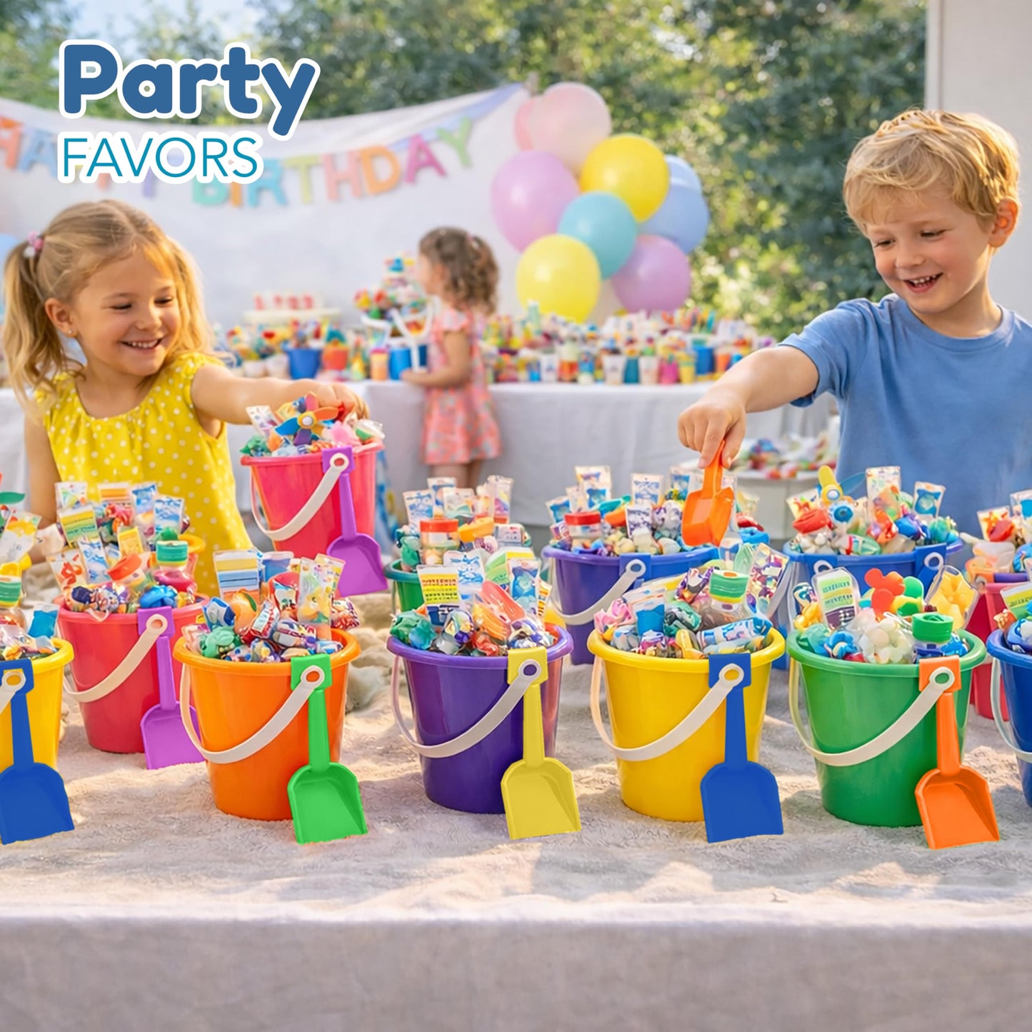 4E's Novelty 12 Sets 5.5" Sand Buckets and Shovels for Kids Bulk (12 Pack) Small Beach Bucket for Summer Outdoor Sand Toys, Party Favors, Basket