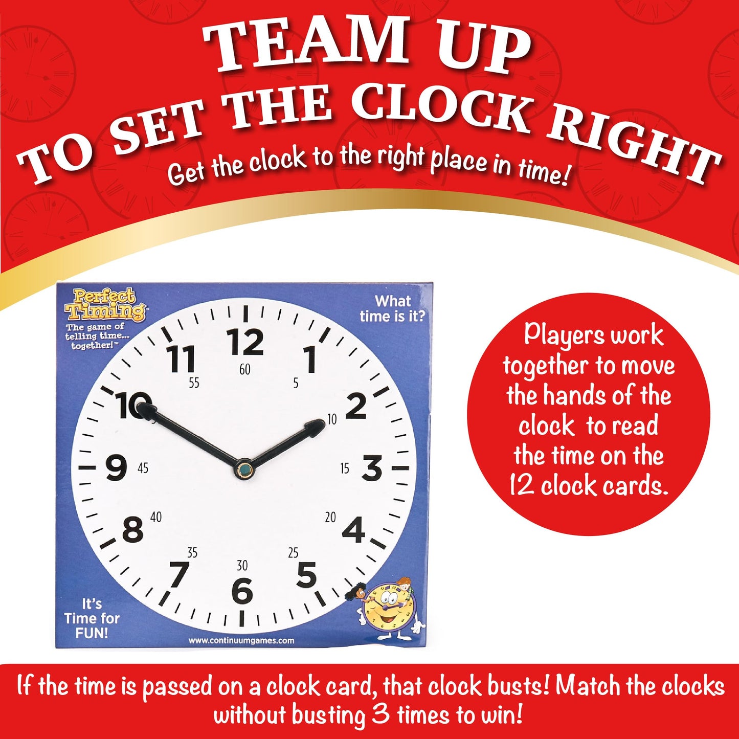 Continuum Games Perfect Timing Game - Tell Time Cooperative Board Game for Kids - Fun Educational Family Game to Learn How to Read a Clock