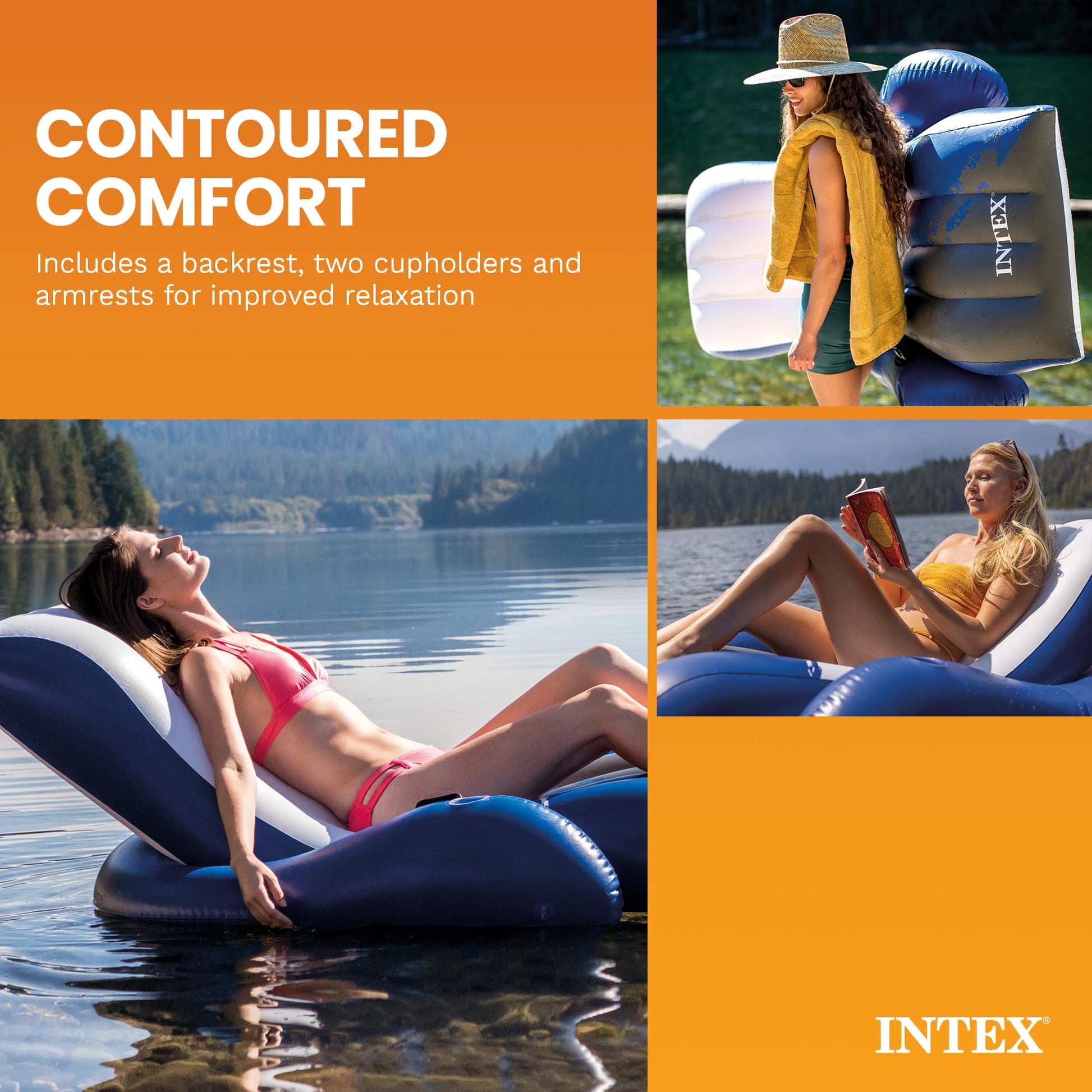 Intex Inflatable Lounge Pool Recliner Lounger Chair with Cup Holders - Heavy-Duty Float Raft for Adults, 220 Lb Capacity Large Floating Tanning Chair