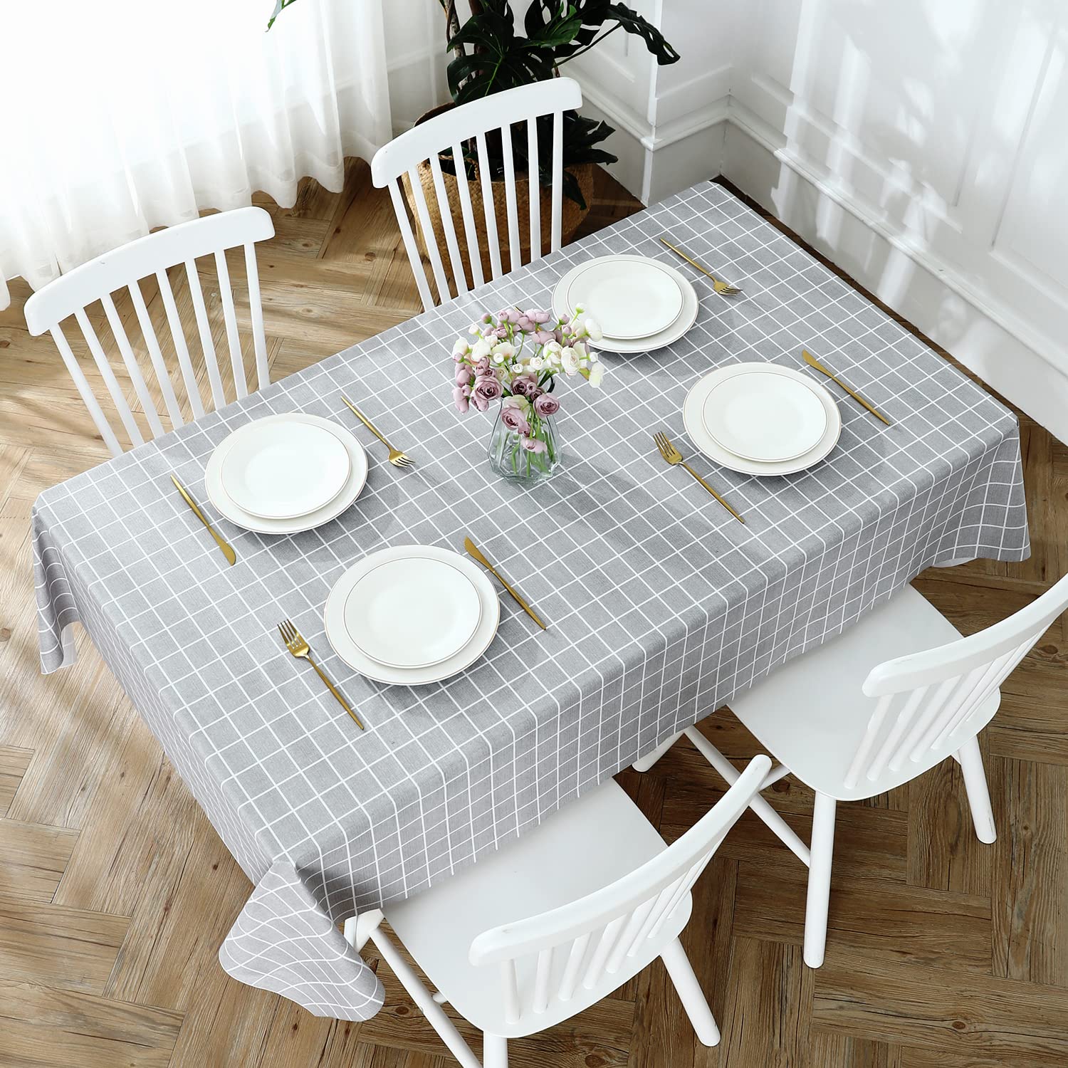 Romanstile Rectangle Vinyl Tablecloth, 100% Waterproof Oil-Proof Checkered Plastic Table Cloth, Heavy Duty Wipeable Table Covers for Dining, Camping