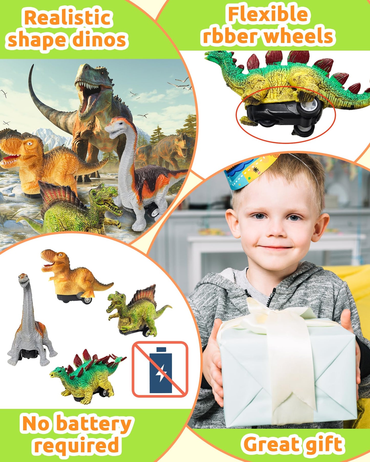 Greingways 4 Pack Dinosaur Pull Back Cars Prefilled Plastic Easter Eggs with Toys Inside Filled, Toddler Easter Basket Stuffers Egg Fillers Montessori