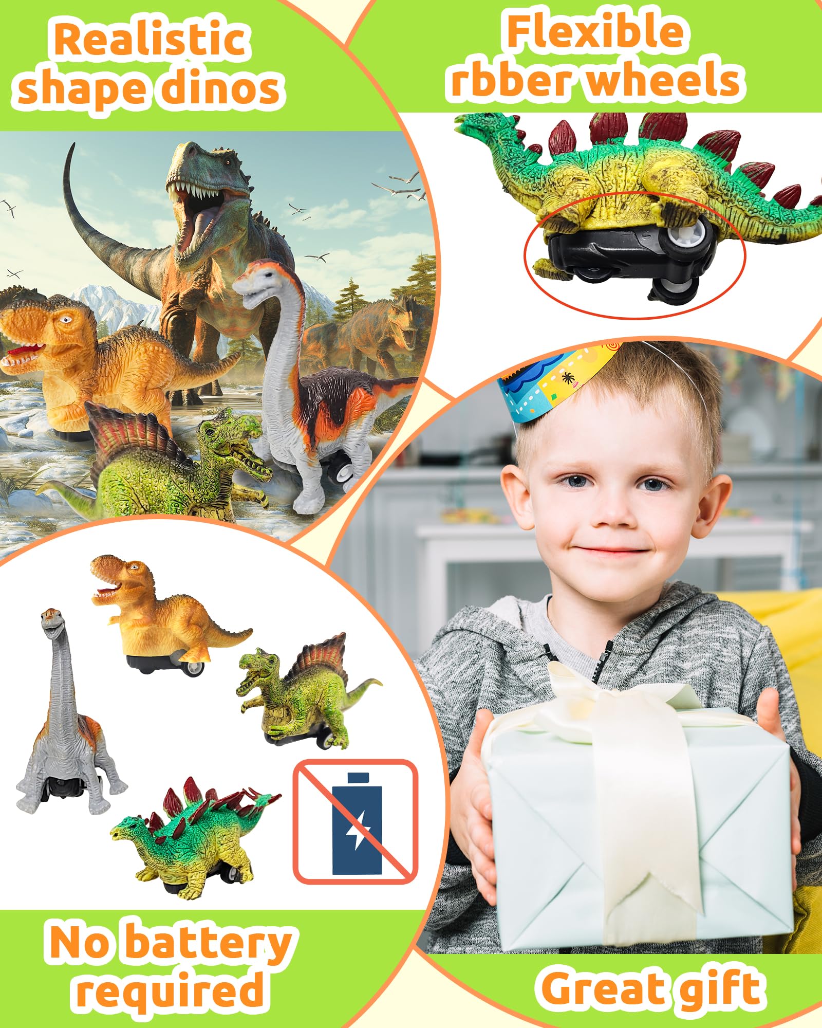 Greingways 4 Pack Dinosaur Pull Back Cars Prefilled Plastic Easter Eggs with Toys Inside Filled, Toddler Easter Basket Stuffers Egg Fillers Montessori