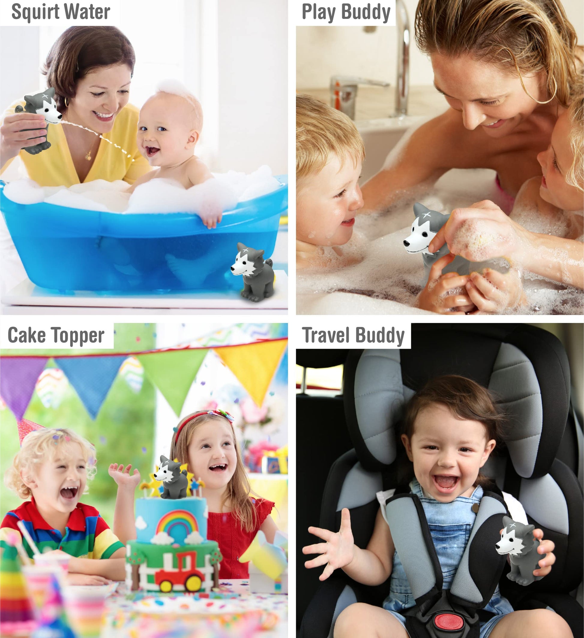 DolliBu Wolf Bath Buddy Squirter - Floating Wolf Rubber Bath Toy, Fun Water Squirting Bathtime Play For Toddlers, Cute and Soft Wild Life Animal Toy