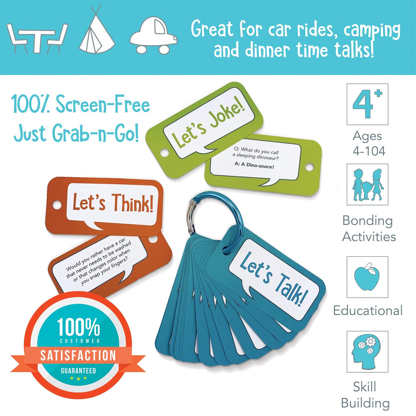 Open The Joy Let’s Chat 3-in-1 Conversation Starters Cards for Kids - Grab and Go Travel Card Games for Car, Airplanes - Talk, Think, Joke Cards