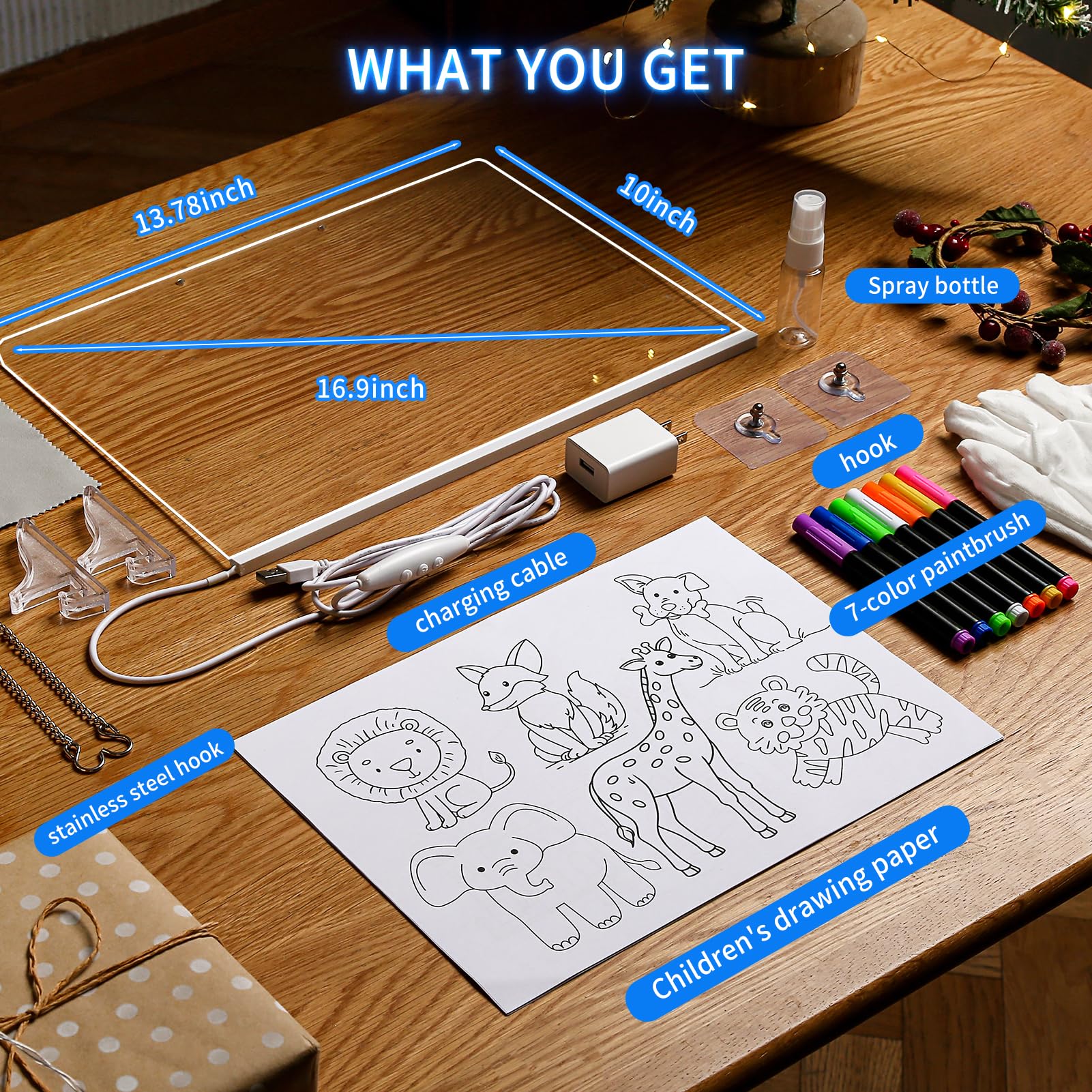 BAWMOY Lumiboard Led Drawing Board for Kids, 16" Light up Drawing Board with 10 Tracing Pages and 7 Markers, 7-Color Led Note Board, Birthday