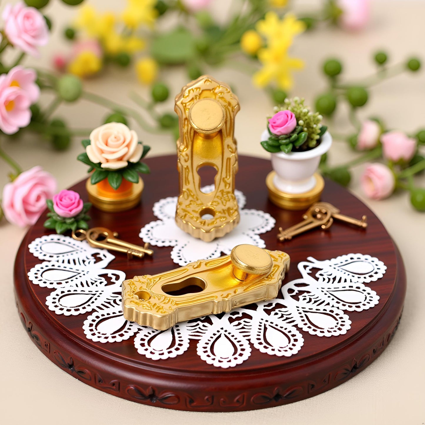 4Set Gold 1/12 Miniature Door Knob Lock and Key Dollhouse Decoration Accessories