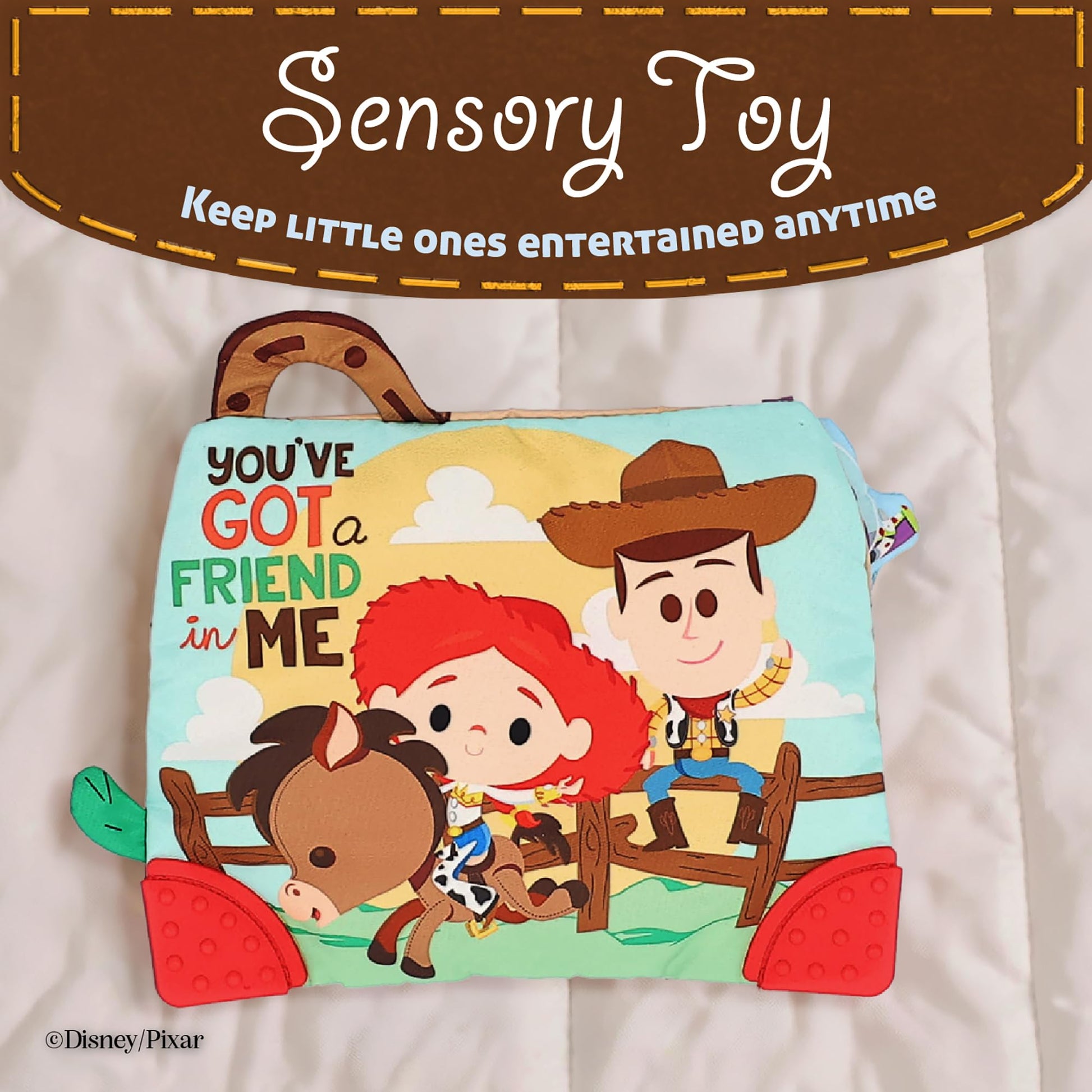 Disney Toy Story Andy’s Toy Box On-The-Go Clip by Kids Preferred - Soft Sensory Teether with Crinkle Sounds & Rattle