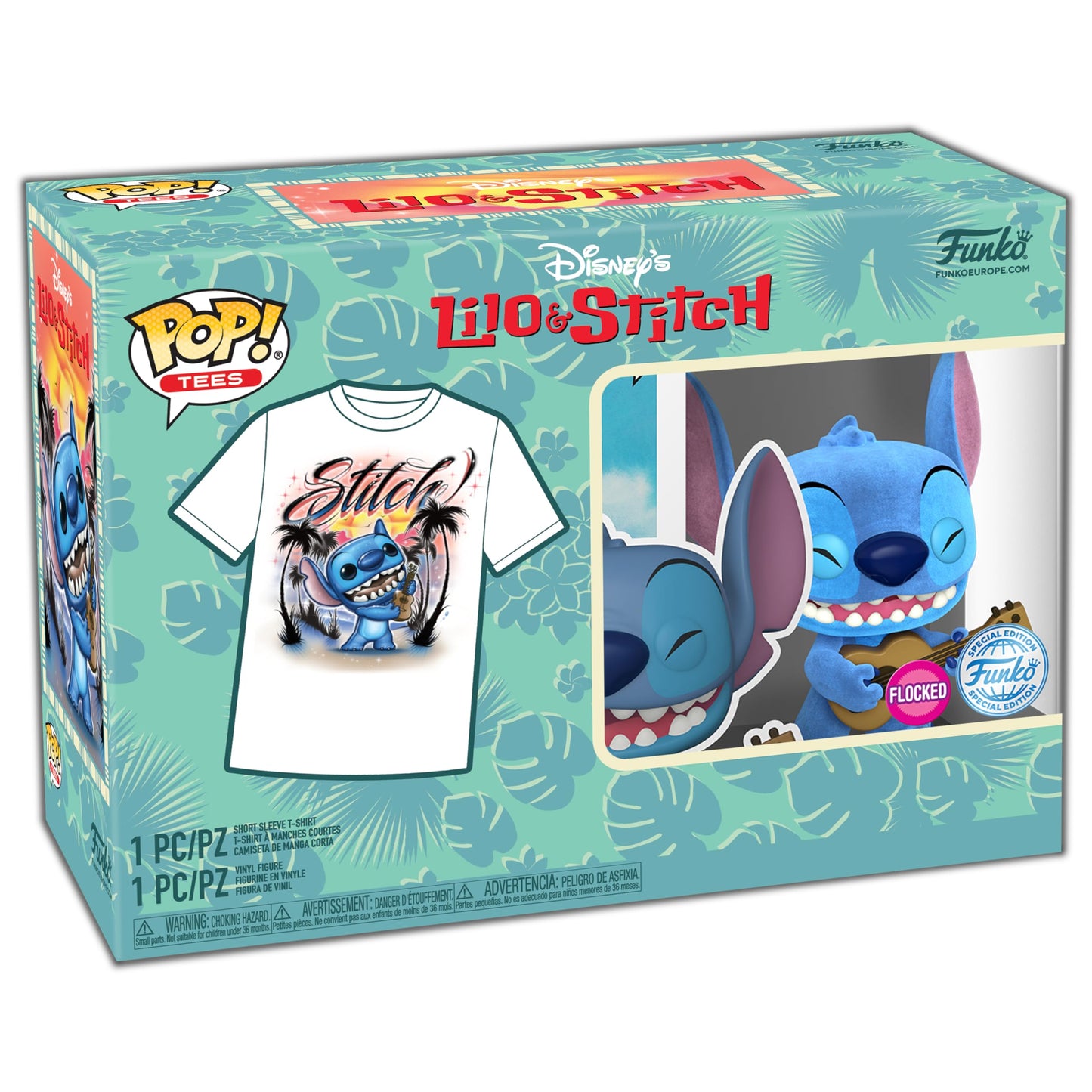 Funko Pop! &Tee: Lilo and Stitch - Ukelele Stitch (Flocked) - Medium - (M) - T-Shirt - Clothes With Collectable Vinyl Minifigure - Gift Idea - Toys