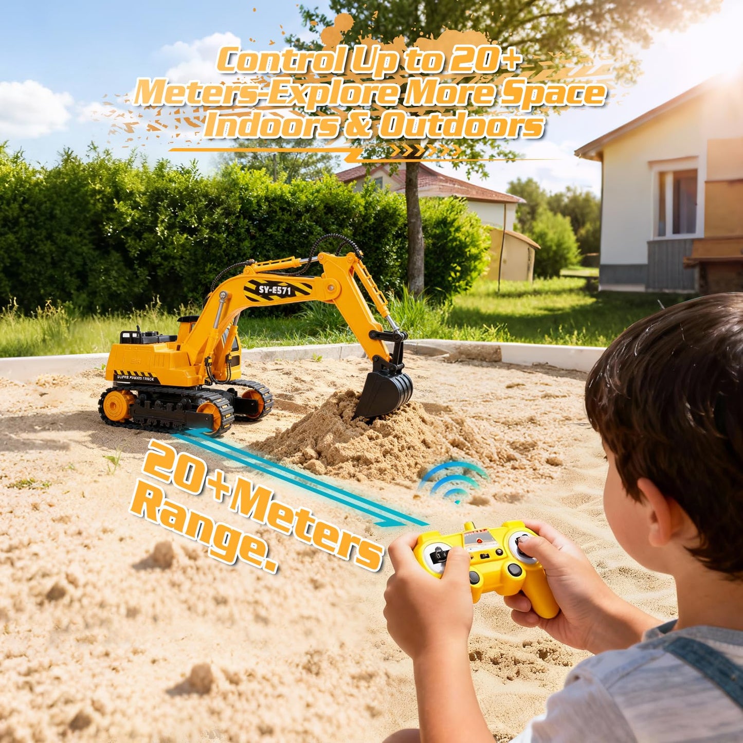 DOUBLE E Remote Control Excavator Toy, 2*Batteries 2.4GHz RC Excavator, 6-in-1 Digging/360° Rotation, 20M Range Sandbox Construction Toys Birthday