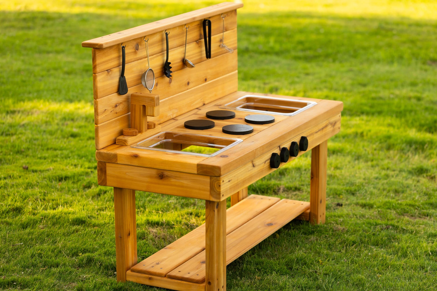 Noble Toys XL Cedar Outdoor Mud Kitchen Centered with Backsplash and Stovetop for Toddlers Kids | Pretend Play Table | Sensory Table | Outside Playset