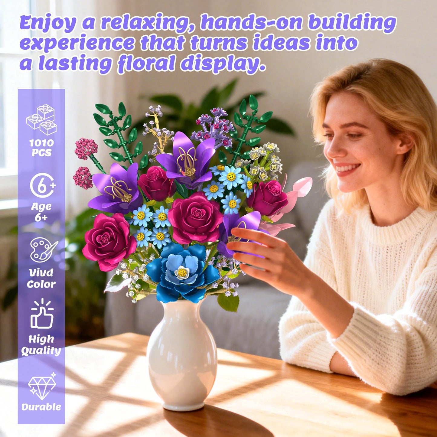 Flower Building Blocks Set, 19 DIY Flowers Bouquet Building Kit With Rose, Lily, Botanical Collection Block Toy For Adults Women Girls 6+, 1010 PCS