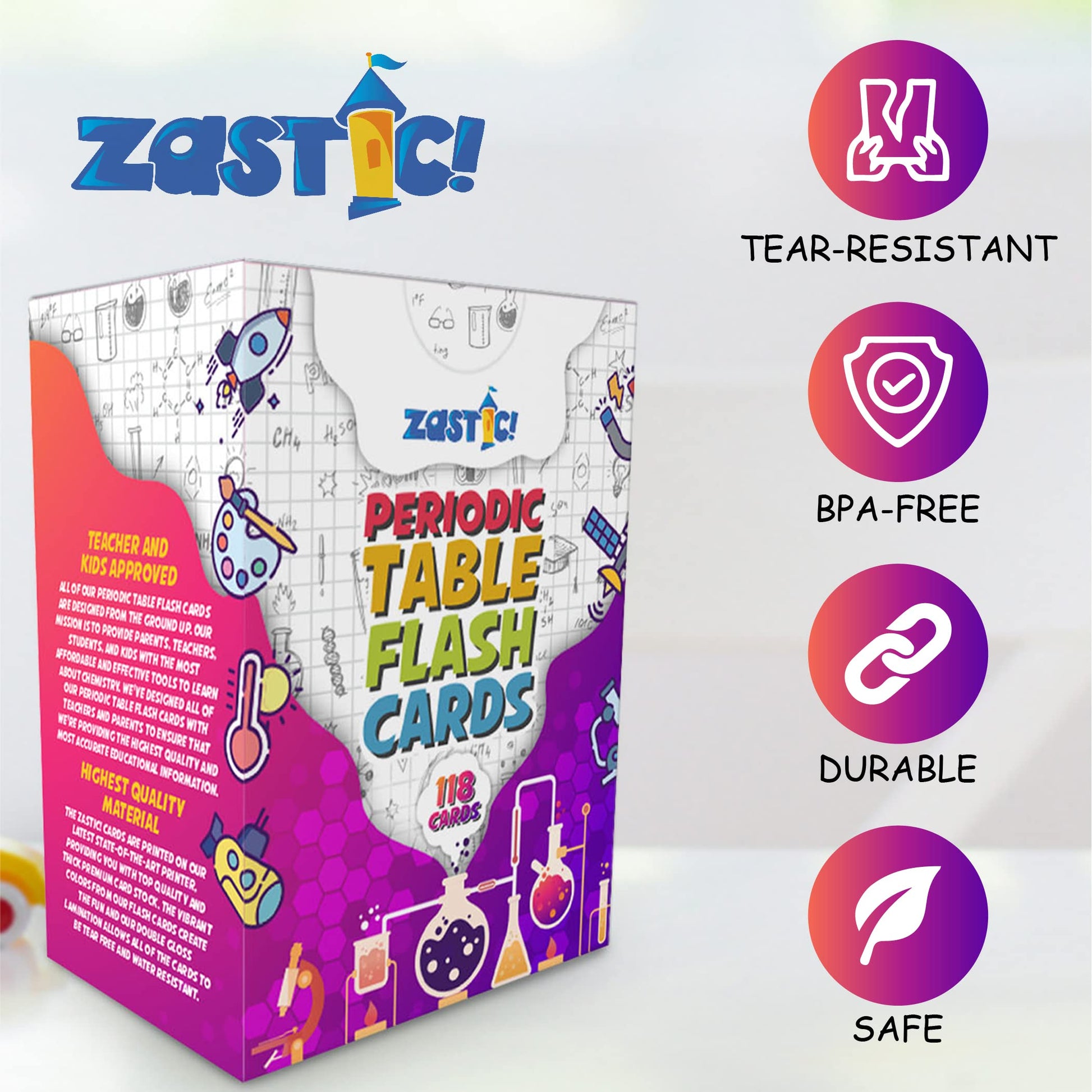 Zastic! Laminated Periodic Table Flash Cards 118 - Great for Chemistry Flash Cards and Periodic Table Games
