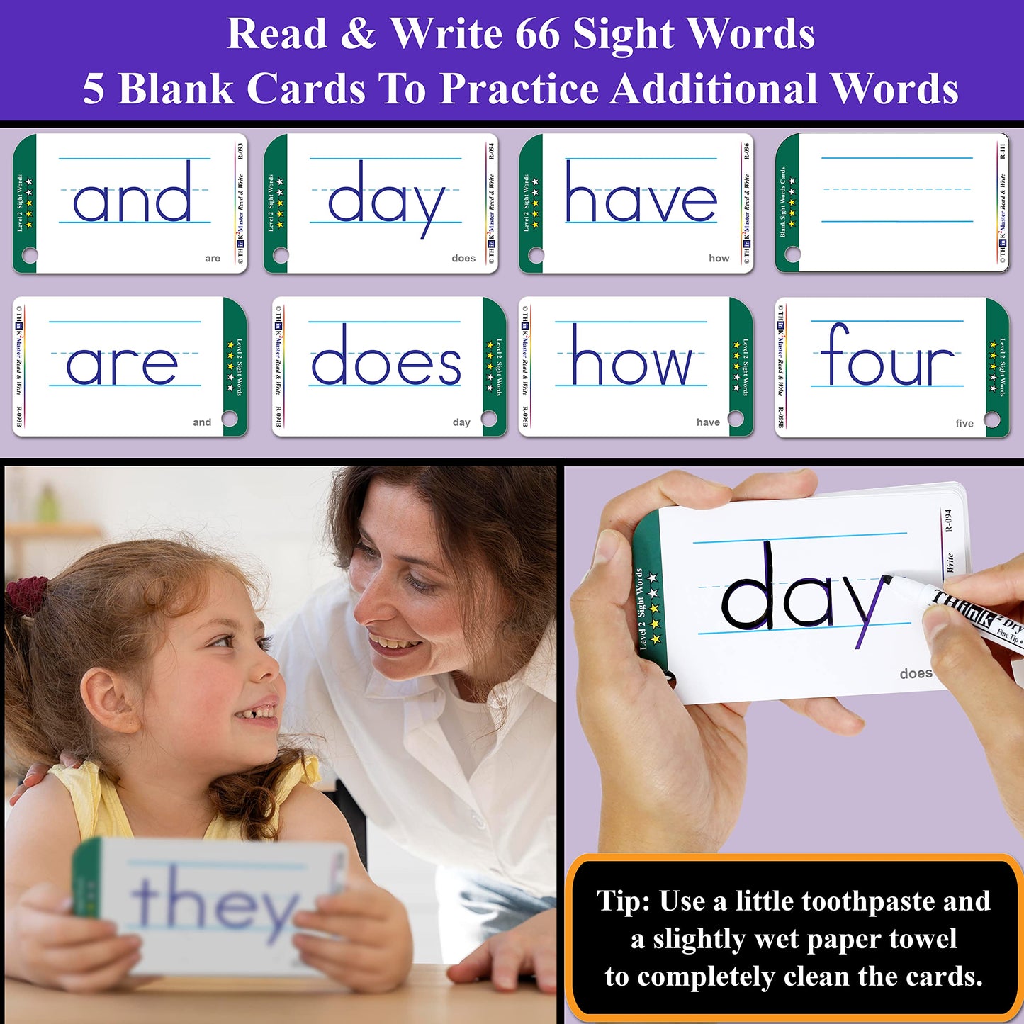 THINK2MASTER Premium 186 Laminated Alphabet, Sight Words & Phonics Flash Cards for Pre K & Kindergarten. (Bonus: 2 Dry Erase Markers, 5 Rings). Learn